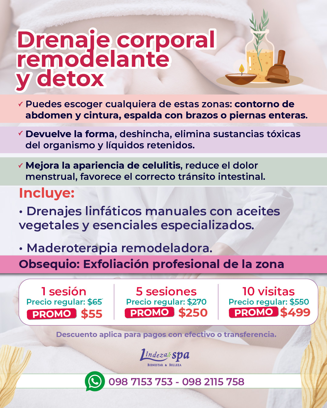 Drenaje linfático, maderoterapia, spa en Guayaquil, Lindeza Spa, spa en Kennedy, maderoterapia en Guayaquil, detox corporal